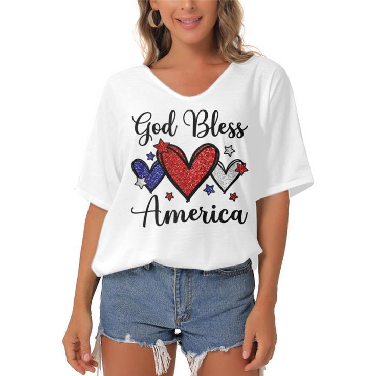 God Bless America Patriotic 4Th Of July Motif For Christians  Women's Bat Sleeves V-Neck Blouse
