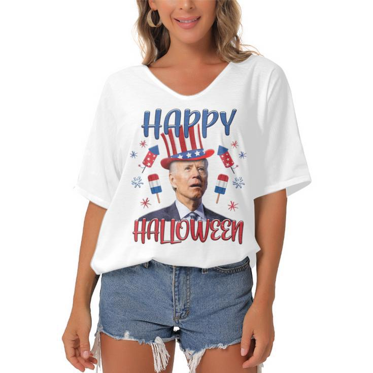 Halloween Funny Happy 4Th Of July Anti Joe Biden Men Women  Women's Bat Sleeves V-Neck Blouse