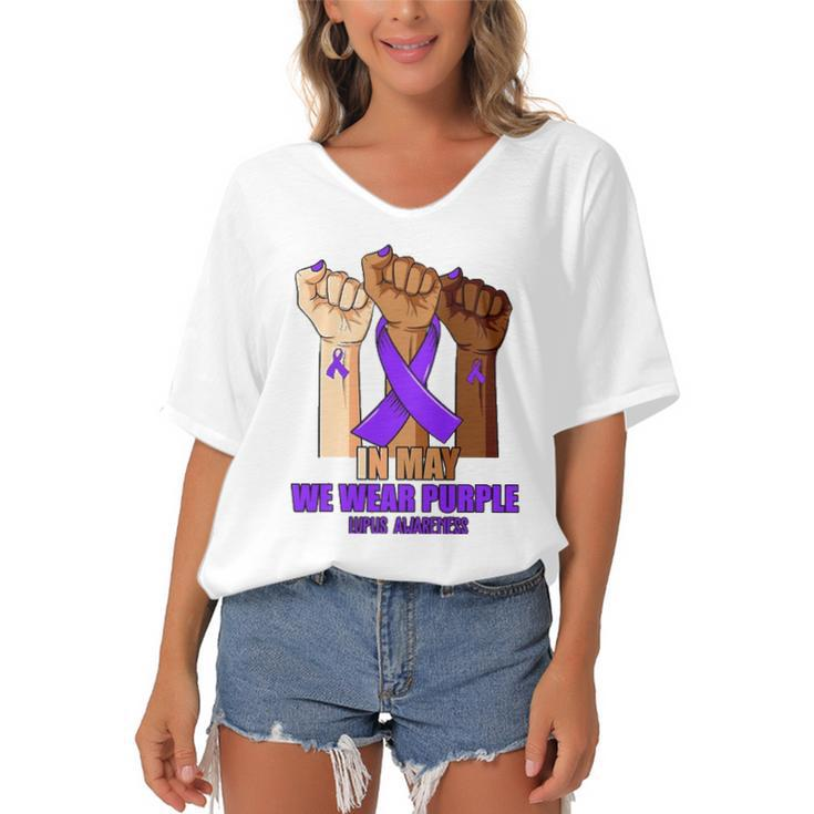Hand In May We Wear Purple Lupus Awareness Month Women's Bat Sleeves V-Neck Blouse