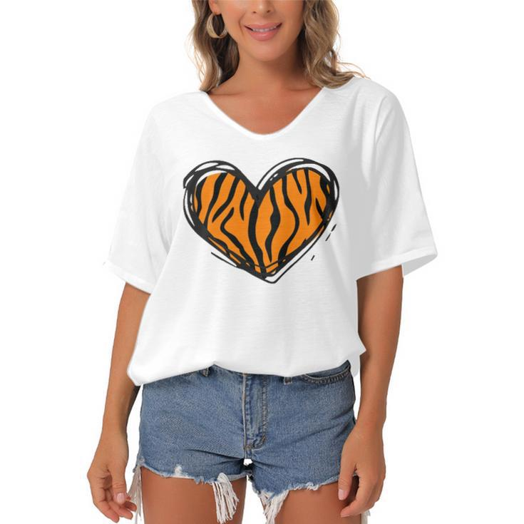 Heart Tiger Pattern Clothing - Tiger Print Women's Bat Sleeves V-Neck Blouse