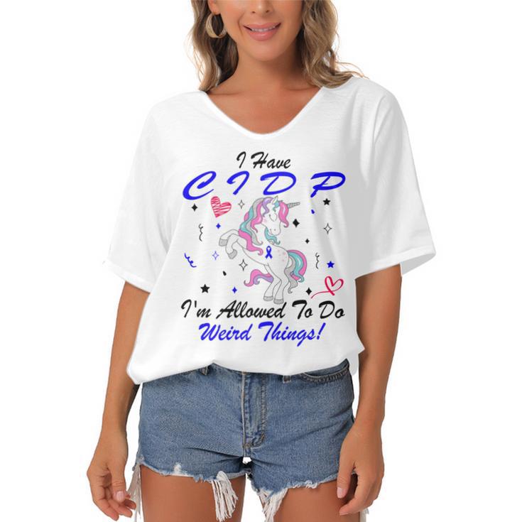 I Have Cidp Im Allowed To Do Weird Things  Unicorn Blue Ribbon  Cidp Support  Cidp Awareness Women's Bat Sleeves V-Neck Blouse