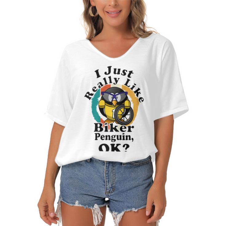 I Really Like Biker Penguin Ok Women's Bat Sleeves V-Neck Blouse