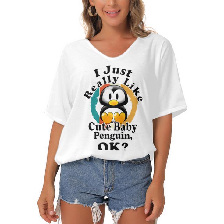 I Really Like Cute Baby Penguin Ok Women's Bat Sleeves V-Neck Blouse