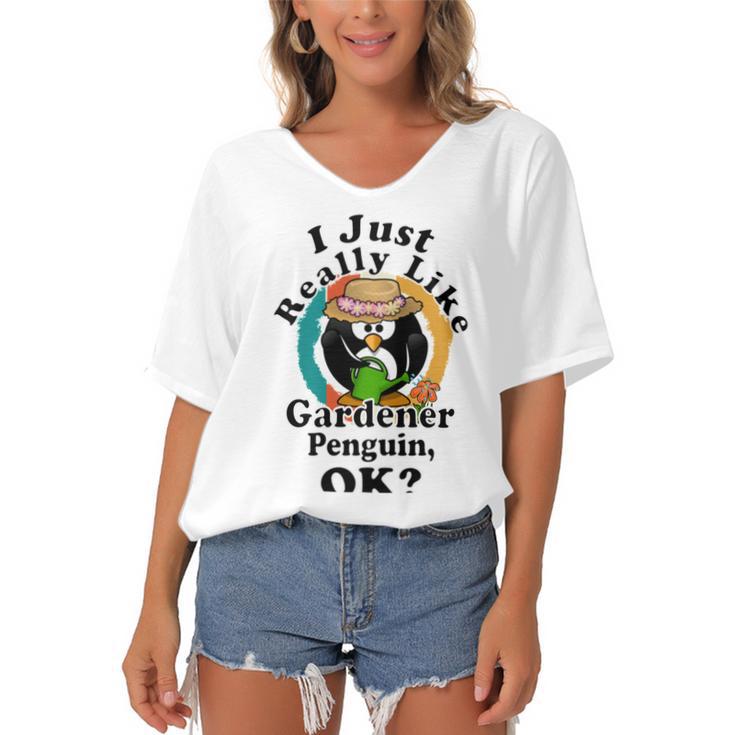 I Really Like Gardener Penguin Ok Women's Bat Sleeves V-Neck Blouse