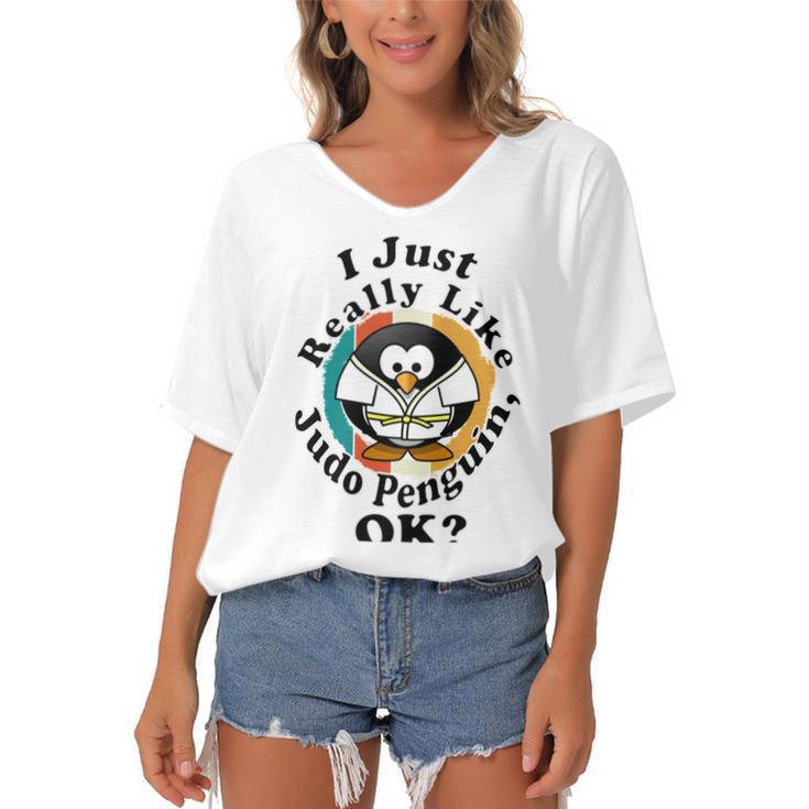 I Really Like Judo Penguin Ok Women's Bat Sleeves V-Neck Blouse