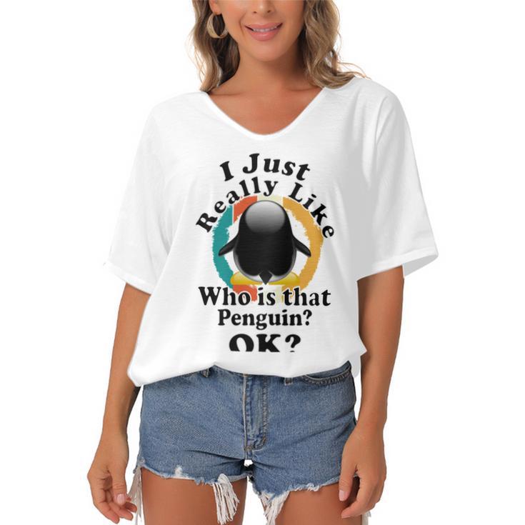 I Really Like Who Is That Penguin Ok Women's Bat Sleeves V-Neck Blouse