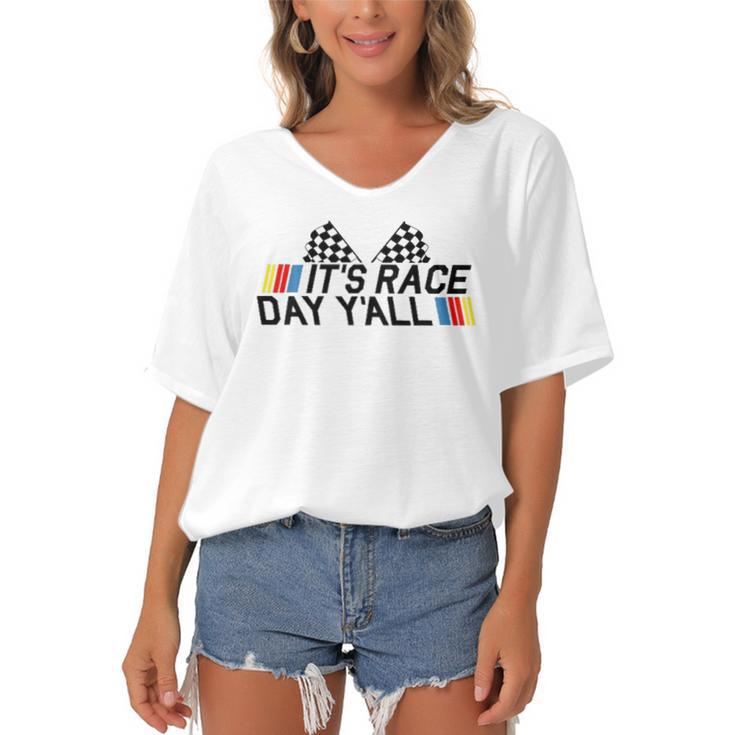 Its Race Day Yall Funny Racing Drag Car Truck Track Womens Women's Bat Sleeves V-Neck Blouse