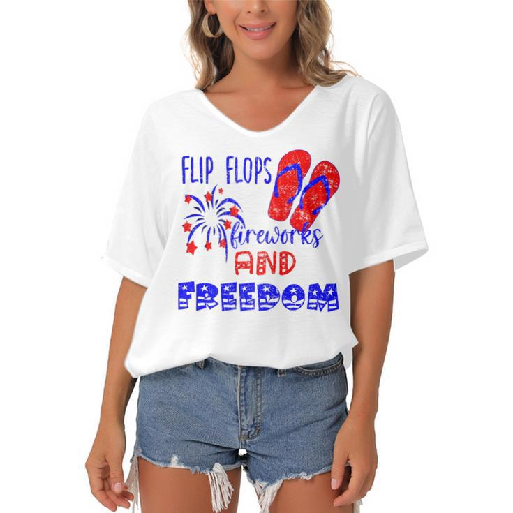 July 4Th Flip Flops Fireworks & Freedom 4Th Of July Party   Women's Bat Sleeves V-Neck Blouse