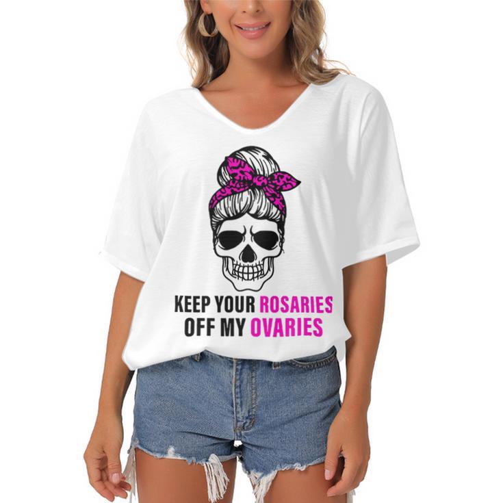 Keep Your Rosaries Off My Ovaries  Feminist Skull Women's Bat Sleeves V-Neck Blouse