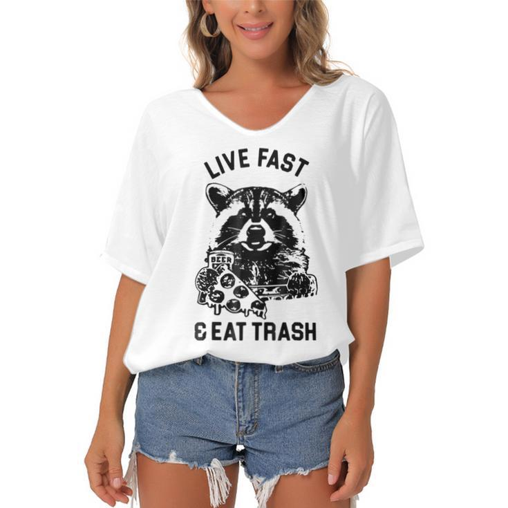 Live Fast Eat Trash Funny Raccoon Hiking Women's Bat Sleeves V-Neck Blouse