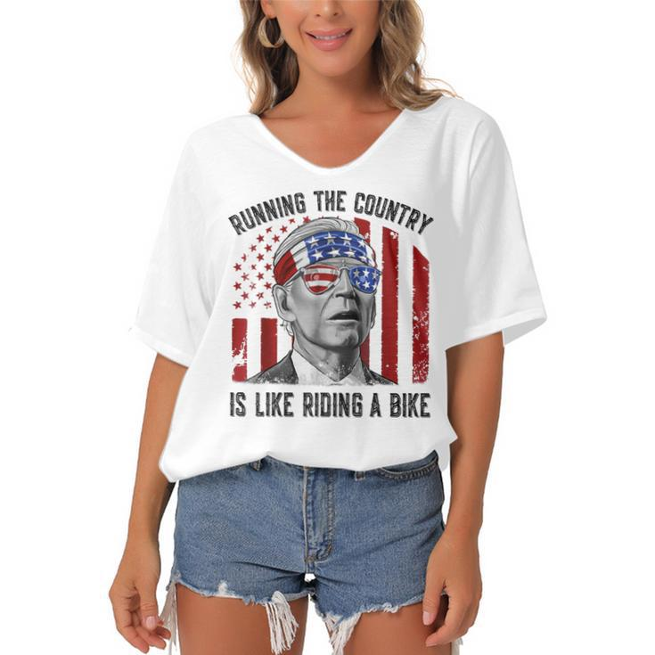 Merry 4Th Of July Joe Biden Falling Off His Bicycle Funny  Women's Bat Sleeves V-Neck Blouse
