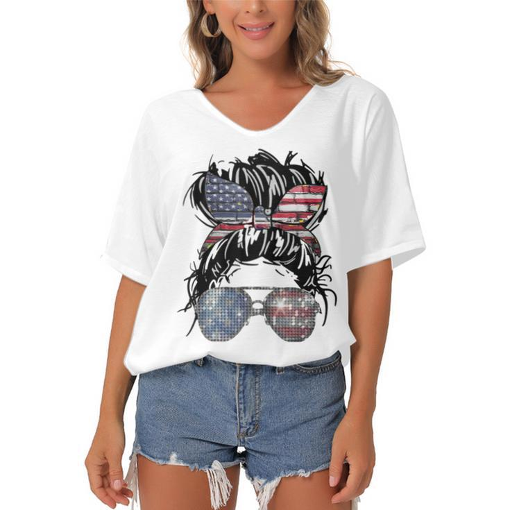 Messy Bun American Flag Glasses 4Th Of July Patriotic  Women's Bat Sleeves V-Neck Blouse