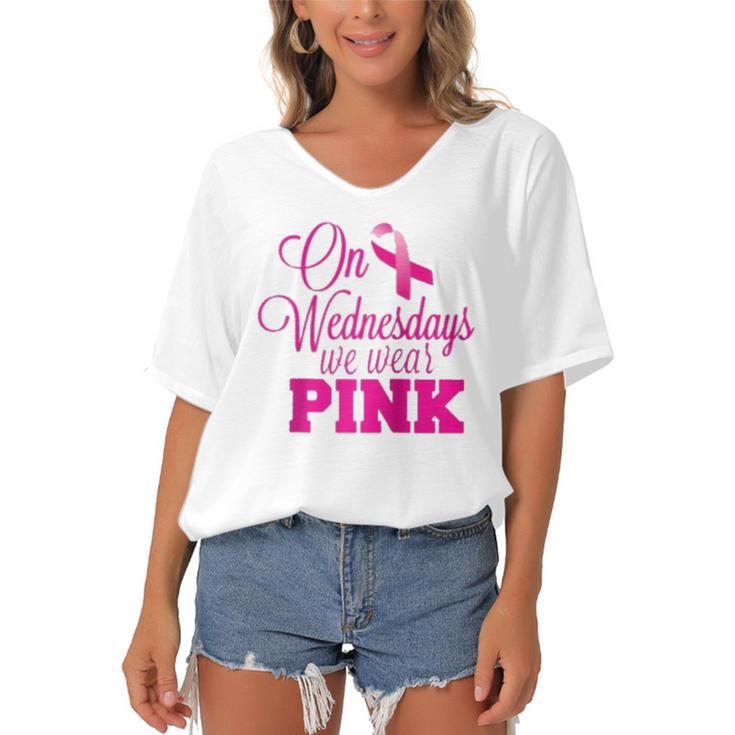 On Wednesdays We Wear Pink Breast Cancer Awareness Raglan Baseball Tee Women's Bat Sleeves V-Neck Blouse