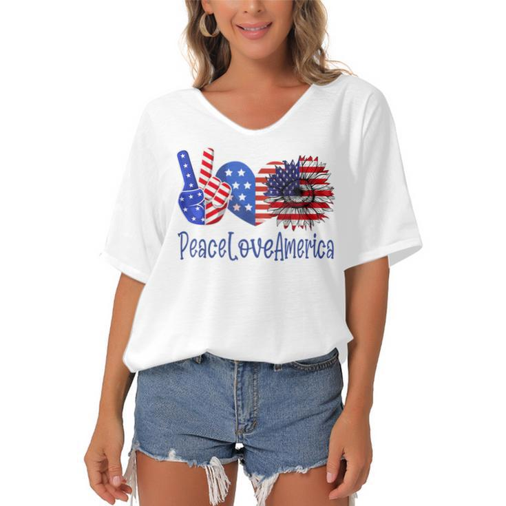 Peace Love America 4Th July Patriotic Sunflower Heart Sign  V3 Women's Bat Sleeves V-Neck Blouse