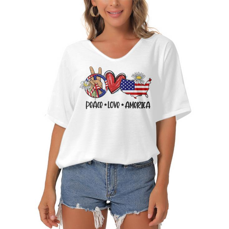 Peace Love America Usa Map Daisy Patriotic 4Th Of July  Women's Bat Sleeves V-Neck Blouse