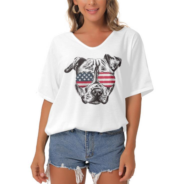 Pitbull 4Th Of July Sunglasses American Flag Patriotic  Women's Bat Sleeves V-Neck Blouse