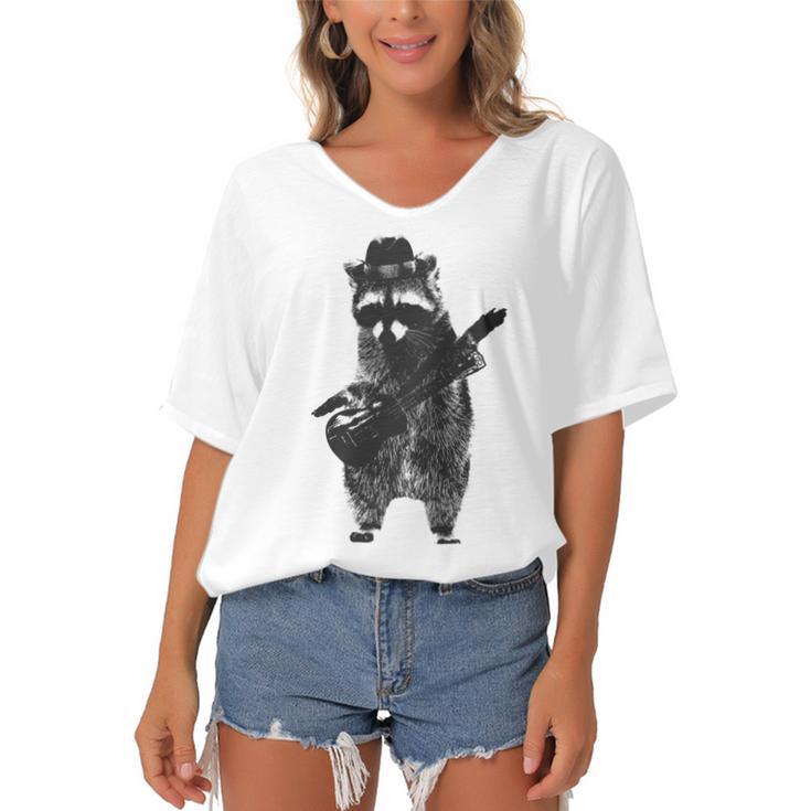 Raccoon Wielding Ukulele Women's Bat Sleeves V-Neck Blouse