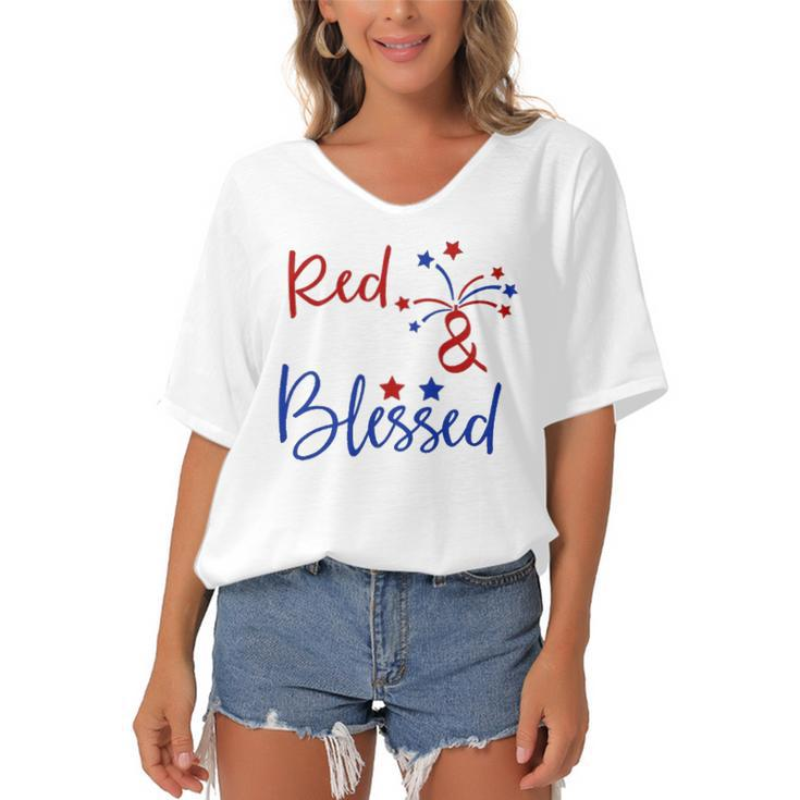 Red White Blessed  4Th Of July Cute Patriotic America Women's Bat Sleeves V-Neck Blouse