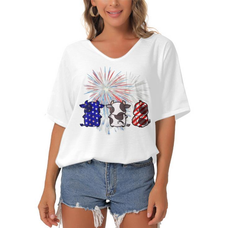 Red White Blue Cow Fireworks Patriotic 4Th Of July  Women's Bat Sleeves V-Neck Blouse