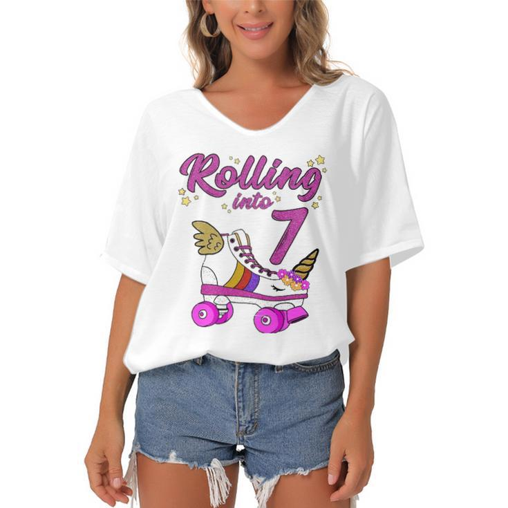 Rolling Into 7Th Birthday  Unicorn Roller Skate Party Women's Bat Sleeves V-Neck Blouse