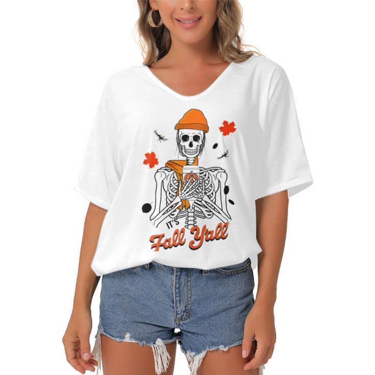 Skeleton It’S Fall Y’All Thanksgiving Funny Autumn Halloween Women's Bat Sleeves V-Neck Blouse