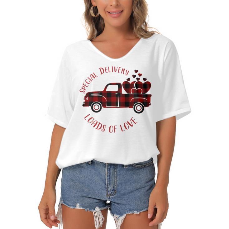 Special Delivery Valentines Car Red Plaid Women's Bat Sleeves V-Neck Blouse