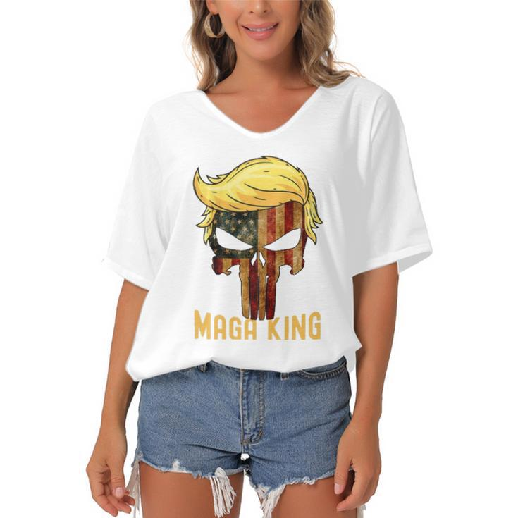 The Great Maga King  Donald Trump Skull Maga King Women's Bat Sleeves V-Neck Blouse