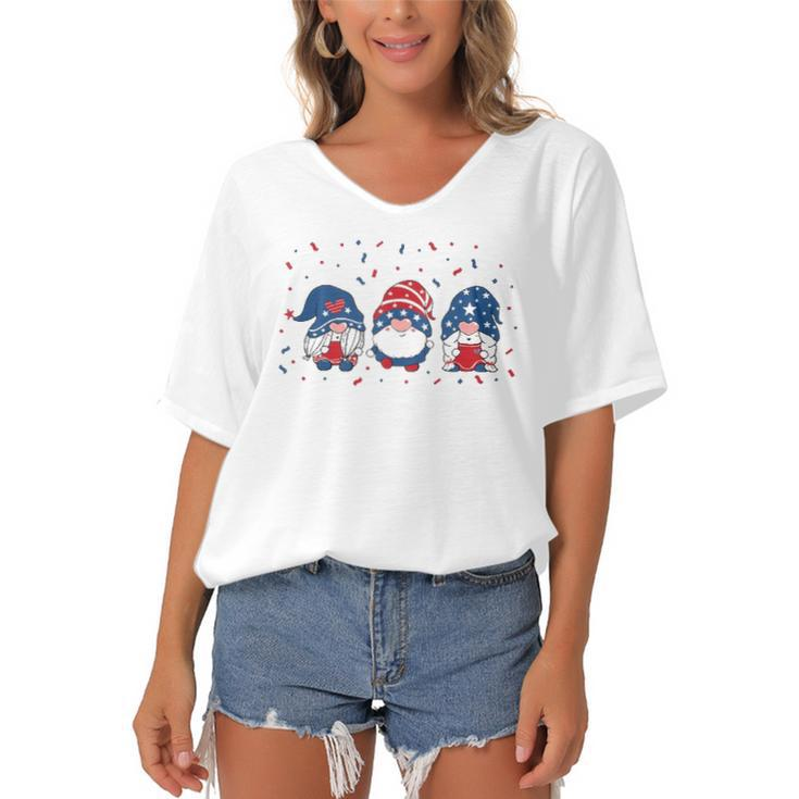 Three Gnomes Celebrating Independence Usa Day 4Th Of July  Women's Bat Sleeves V-Neck Blouse