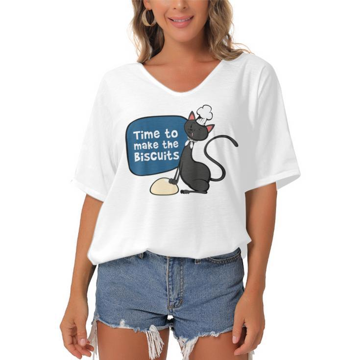 Time To Make The Biscuits  Knead Dough Funny Cat  Women's Bat Sleeves V-Neck Blouse
