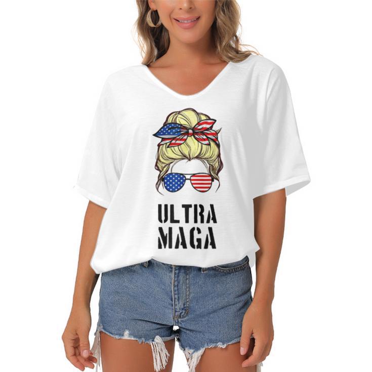 Ultra Mega Messy Bun 2022 Trump Republicans Conservatives  Women's Bat Sleeves V-Neck Blouse