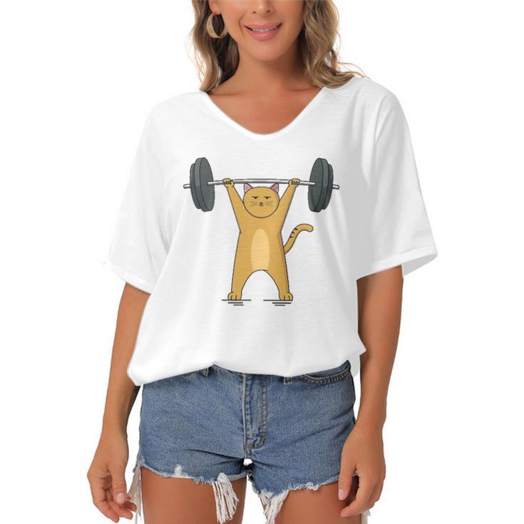 Weightlifting - Cat Barbell Fitness Lovers Gift Women's Bat Sleeves V-Neck Blouse