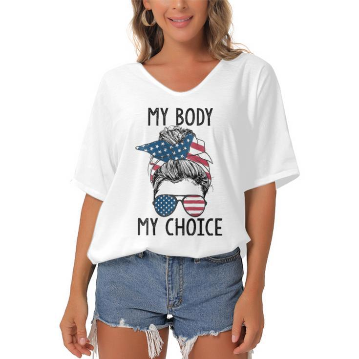 Womens My Body My Choice Pro Choice Messy Bun Us Flag Feminist  Women's Bat Sleeves V-Neck Blouse