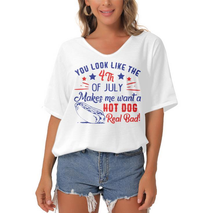 You Look Like 4Th Of July Makes Me Want A Hot Dogs Real Bad  V2 Women's Bat Sleeves V-Neck Blouse