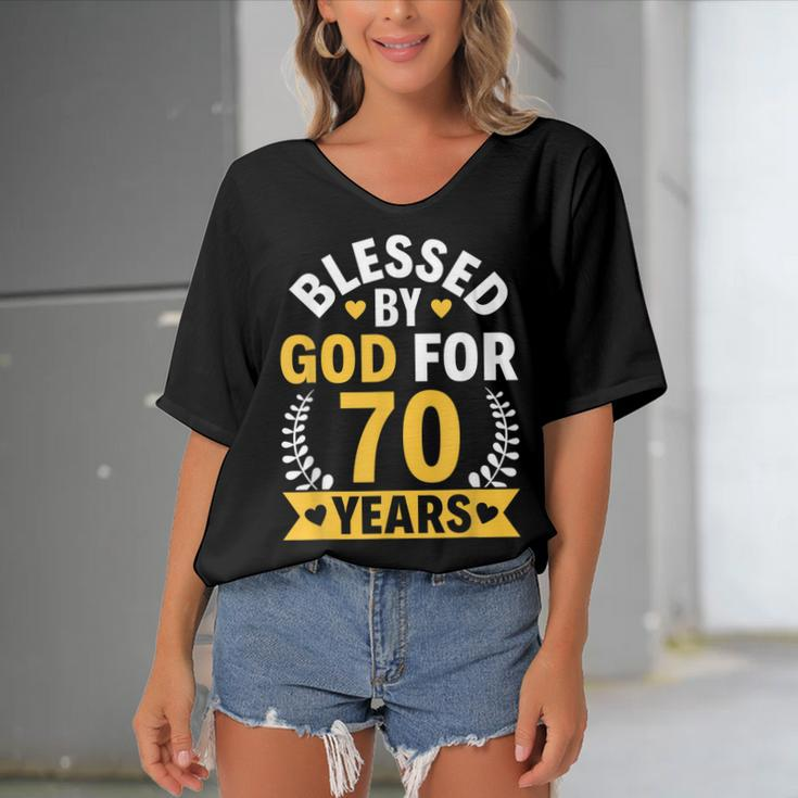 70Th Birthday Man Woman Blessed By God For 70 Years Women's Bat Sleeves V-Neck Blouse