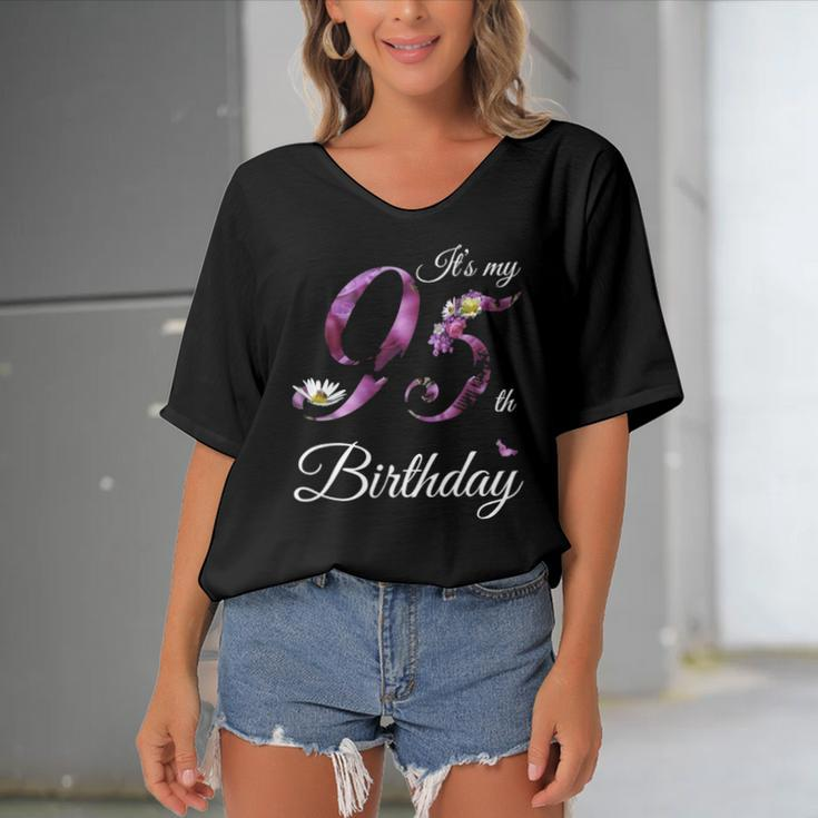 95 Years Old Floral 1927 Its My 95Th Birthday Gift Women's Bat Sleeves V-Neck Blouse