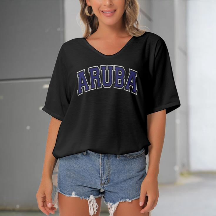 Aruba Varsity Style Navy Blue Text Women's Bat Sleeves V-Neck Blouse