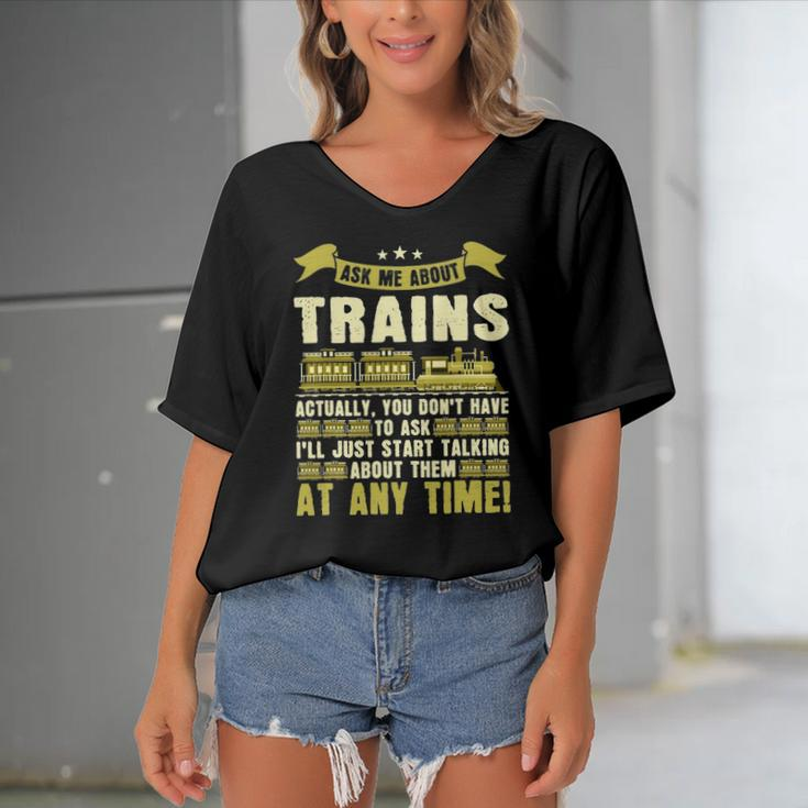 Ask Me About Trains Funny Train And Railroad Women's Bat Sleeves V-Neck Blouse
