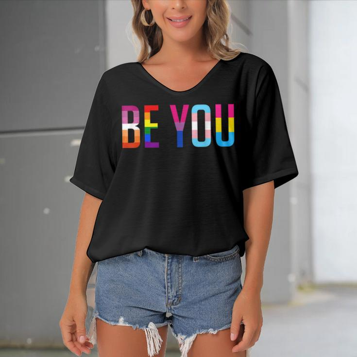 Be You Lgbt Flag Gay Pride Month Transgender Rainbow Lesbian Women's Bat Sleeves V-Neck Blouse