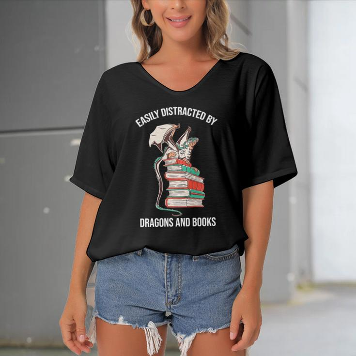 Easily Distracted By Dragons And Books Lover Funny Women's Bat Sleeves V-Neck Blouse