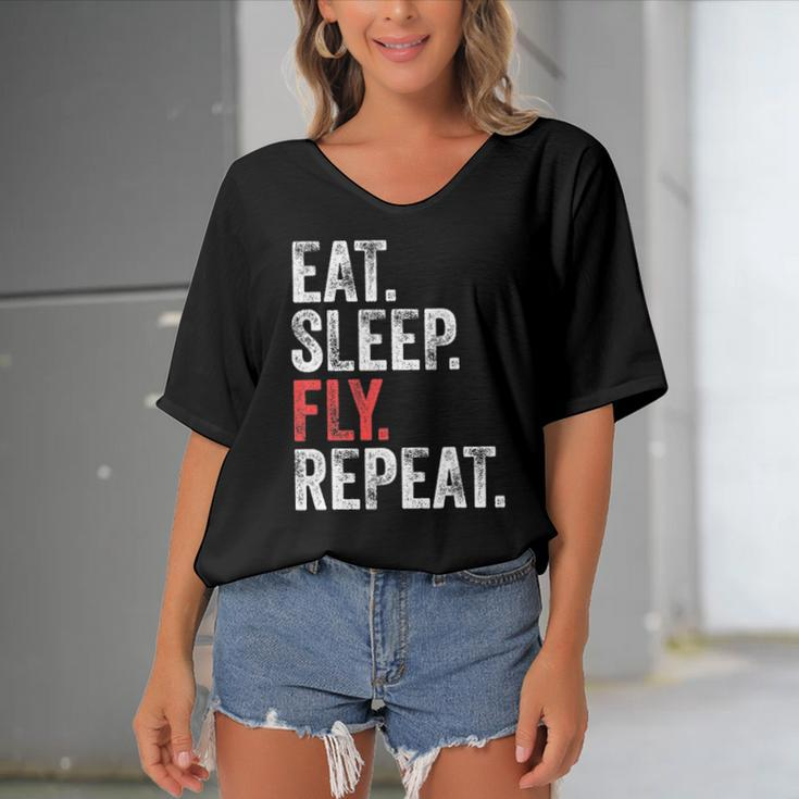 Eat Sleep Fly Repeat Aviation Pilot Funny Vintage Distressed Women's Bat Sleeves V-Neck Blouse