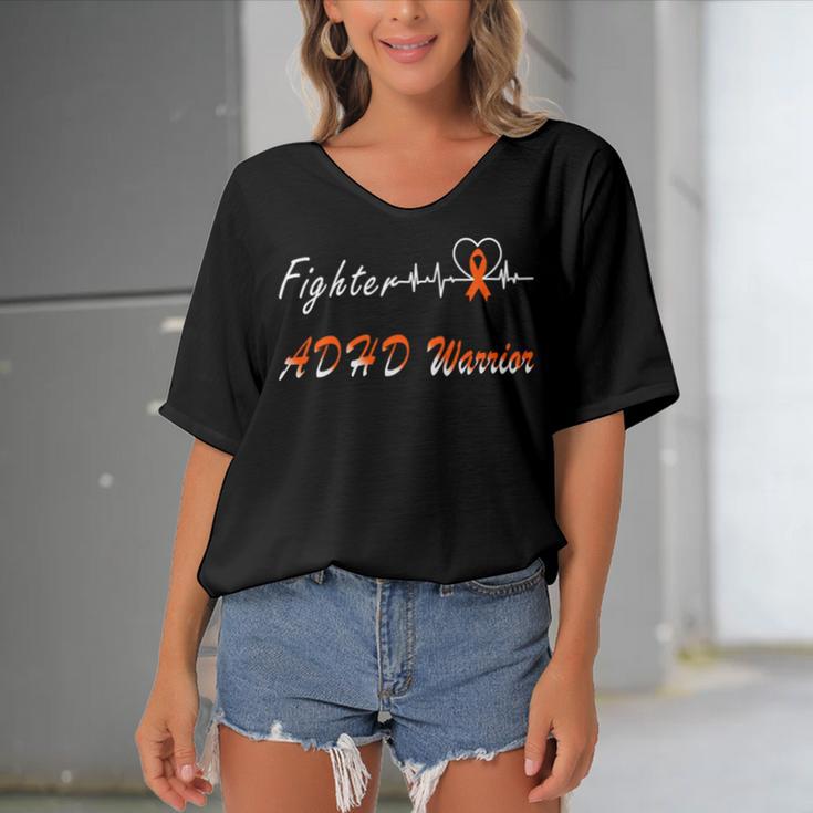 Fighter Adhd Warrior Heartbeat Orange Ribbon Attention Deficit Hyperactivity Disorder Adhd Awareness Women's Bat Sleeves V-Neck Blouse