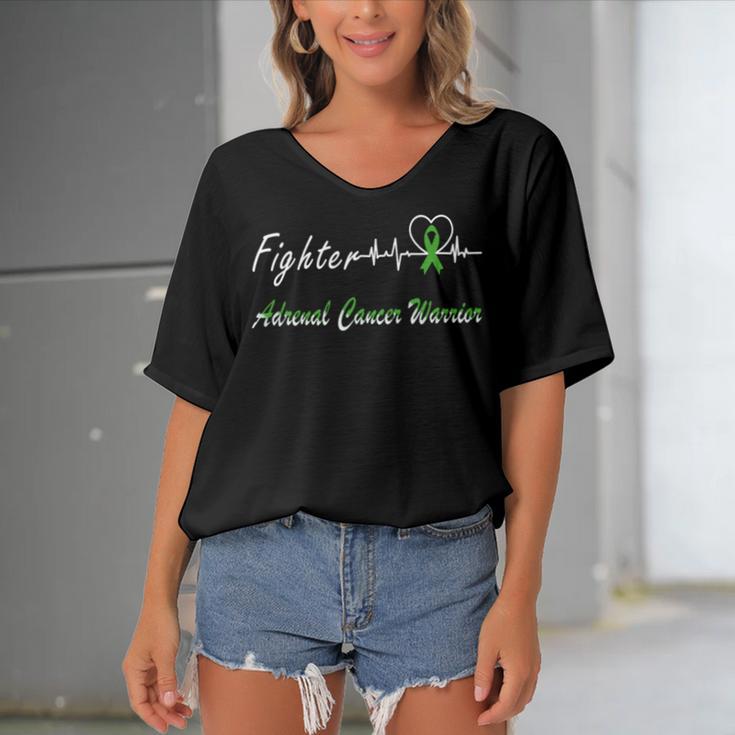 Fighter Adrenal Cancer Warrior Heartbeat Green Ribbon Adrenal Cancer Adrenal Cancer Awareness Women's Bat Sleeves V-Neck Blouse