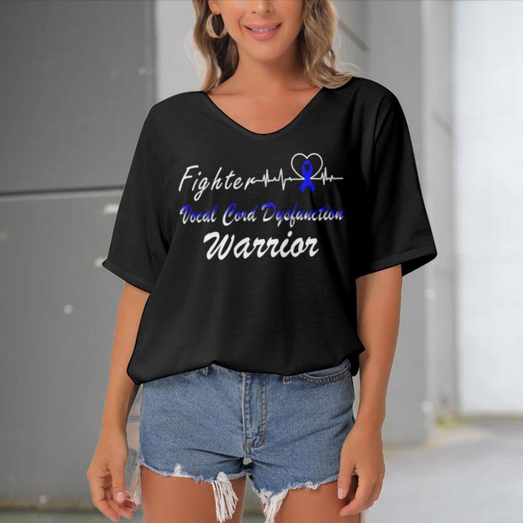 Fighter Vocal Cord Dysfunction Warrior Heartbeat Blue Ribbon Vcd Vocal Cord Dysfunction Awareness Women's Bat Sleeves V-Neck Blouse