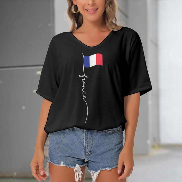 France Signature Flag Pole - Elegant Patriotic French Flag Women's Bat Sleeves V-Neck Blouse