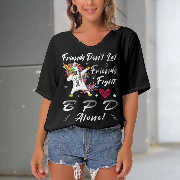 Friends Dont Let Friends Fight Borderline Personality Disorder Bpd Alone Unicorn Grey Ribbon Borderline Personality Disorder Bpd Awareness Women's Bat Sleeves V-Neck Blouse