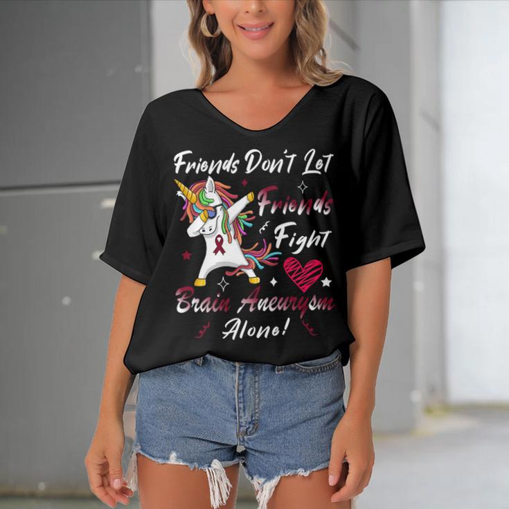 Friends Dont Let Friends Fight Brain Aneurysm Alone Unicorn Burgundy Ribbon Brain Aneurysm Bpd Brain Aneurysm V2 Women's Bat Sleeves V-Neck Blouse