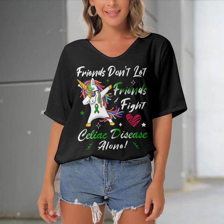 Friends Dont Let Friends Fight Celiac Disease Alone Unicorn Green Ribbon Celiac Disease Celiac Disease Awareness Women's Bat Sleeves V-Neck Blouse