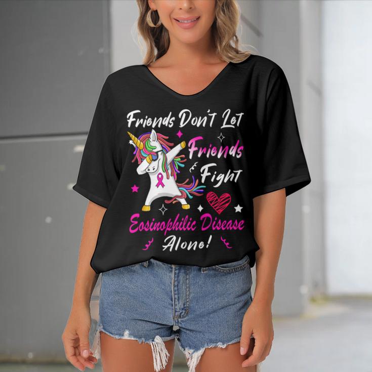 Friends Dont Let Friends Fight Eosinophilic Disease Alone Pink Ribbon Eosinophilic Disease Eosinophilic Disease Awareness Women's Bat Sleeves V-Neck Blouse