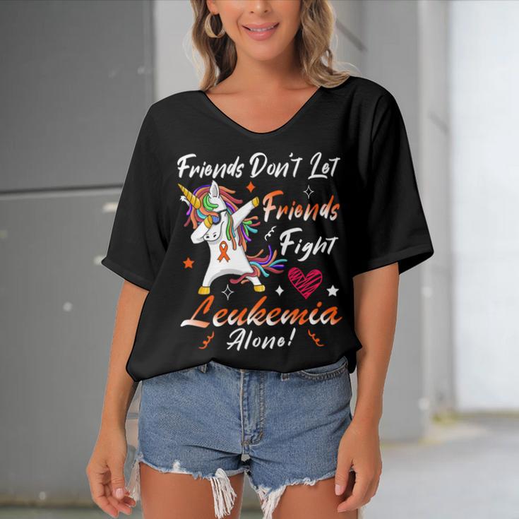 Friends Dont Let Friends Fight Leukemia Alone Unicorn Orange Ribbon Leukemia Leukemia Awareness Women's Bat Sleeves V-Neck Blouse