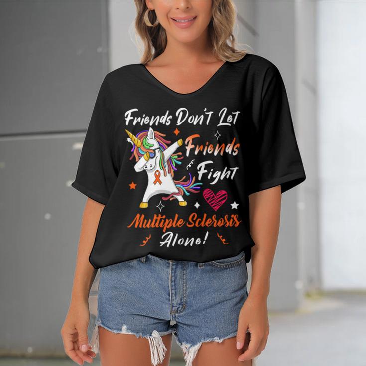 Friends Dont Let Friends Fight Multiple Sclerosis Alone Unicorn Orange Ribbon Multiple Sclerosis Multiple Sclerosis Awareness Women's Bat Sleeves V-Neck Blouse